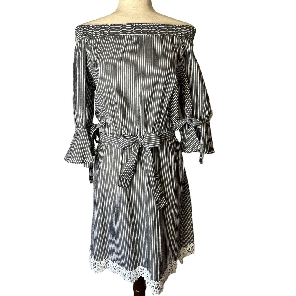 Grifflin Paris Off Shoulder Striped Dress Tie Waist Crochet Hem Boho Cottagecore